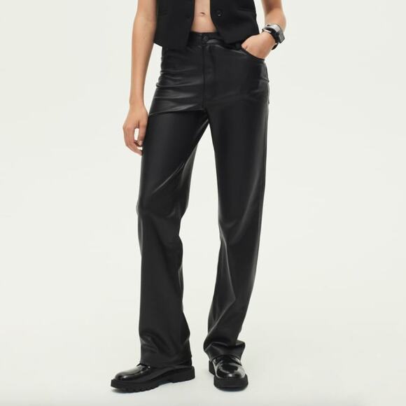 ZARA Faux Leather High Rise Straight Leg Pants Black {SS32} - Picture 1 of 5